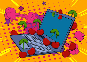 Cartoon Laptop, comic book Notebook with Cherry. Retro vector comics pop art design.