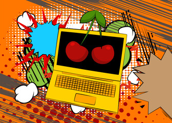 Cartoon Laptop, comic book Notebook with Cherry. Retro vector comics pop art design.