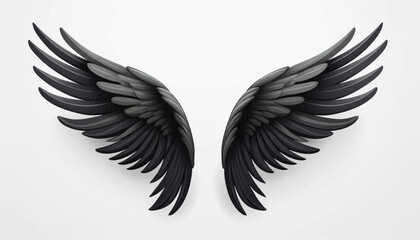 Obraz premium A pair of large, detailed black angel wings with intricate feathers spread open on a white background.