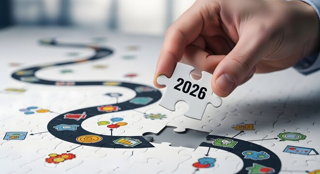A hand placing the final puzzle piece for the year 2026 on a winding roadmap, symbolizing strategic planning and future goals