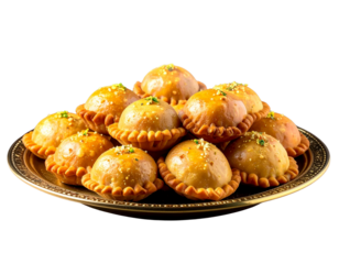 Delicious gujiya indian sweets resting on white plate with transparent background