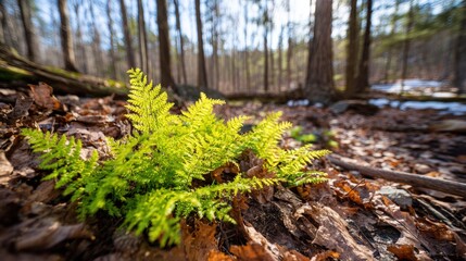 A vibrant green fern flourishes amidst the fallen leaves on the forest floor, illuminated by sunlight filte through the tall trees nearby.