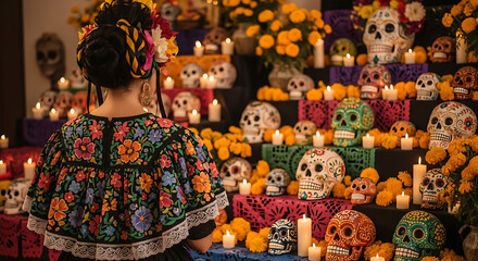 Back view of woman in Catrina-style dress with floral patterns, standing near sugar skull altar, candles lit