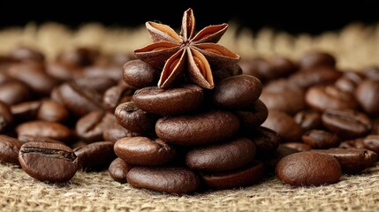 Coffee beans stacked with star anise