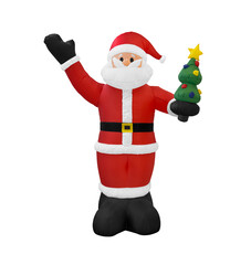 Front view Large Inflatable Santa Claus Doll standing, Right hand waves hello, left hand holds a Christmas tree isolated