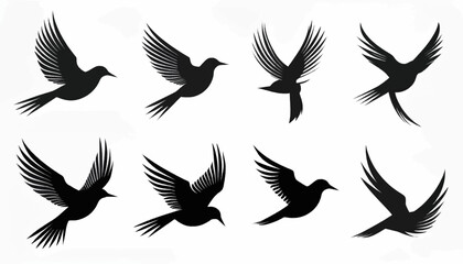 Obraz premium Eight black silhouette illustrations of birds in various stages of flight, wings spread, isolated on a white background.