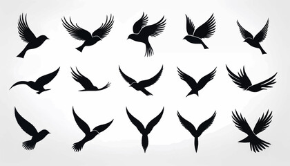 Obraz premium Silhouetted collection of various birds in flight, showcasing different wing positions and angles against a gradient background.