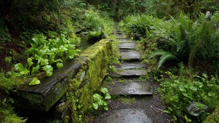 A stone pathway winds through a lush green forest with vibrant ferns and mossy wooden structures in a serene natural setting beautifully.