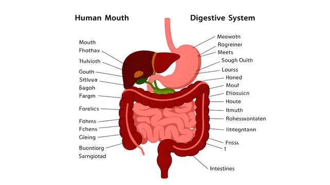 Human Digestive System Anatomy Illustration with Labeled Organs from Mouth to Intestines Isolated on White Background