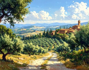 Tuscan countryside panorama under a summer sky