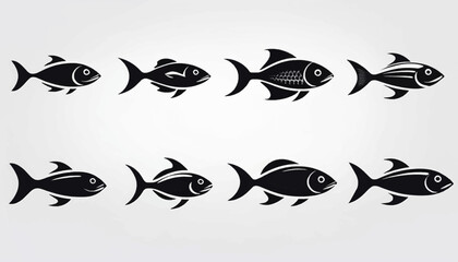 Eight stylized fish icons arranged in two rows, showcasing different shapes and fin designs in a uniform black color against a light background.