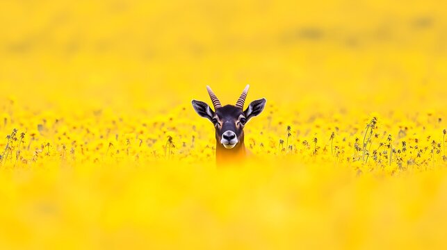 A blackbuck antelope stands in a vibrant field of yellow flowers, its head held high