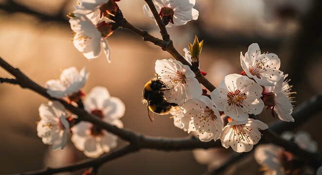 Blooming apricot tree with bee