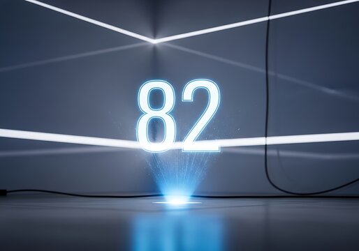 Holographic Blue 82 Number Projecting from a Glowing Pedestal in a Futuristic Tech Environment with Abstract Lighting