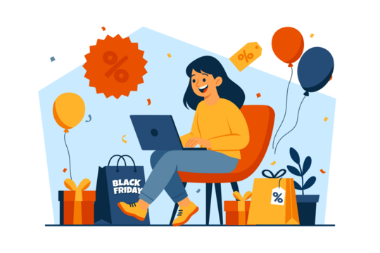 Smiling Woman Shopping Online for Black Friday Deals in Transparent Background with Orange and Blue Balloons and Gift Boxes with Orange Percentage Sign - Powered by Adobe