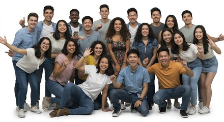 明るい光の中で多様な若者たちが満面の笑顔で友情と未来への希望を分かち合う活気あふれる集合写真. AI Generated