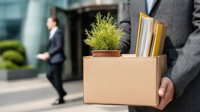 Downsizing Departure: A somber businessman clutches a cardboard box holding his plant and work belongings, walking away from his former workplace, a modern business building.