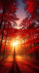 Forest pathway sunrise red trees