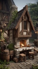 Obraz premium Cozy stone fireplace led in a quaint medieval village with warm fire burning, creating a rustic ambiance on a peaceful afternoon.