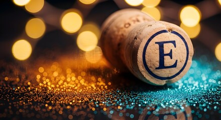 Celebration cork with letter e and festive bokeh lights for special occasion design needs