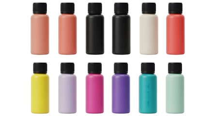 Obraz premium Collection of colorful paint bottles with black caps arranged on a white background