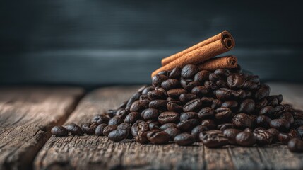 Roasted coffee beans and cinnamon sticks