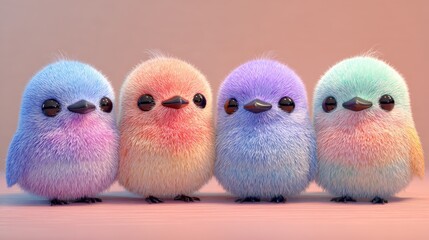 four cute fluffy birds standing in a row
