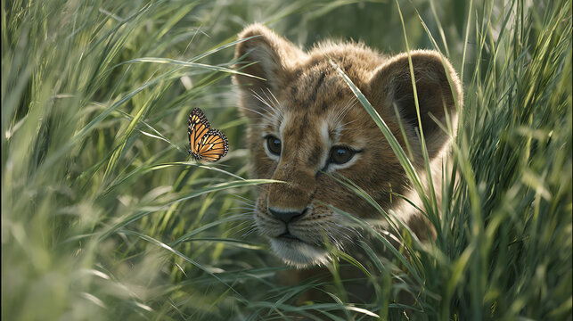 A lion cub discovering a butterfly in tall grass