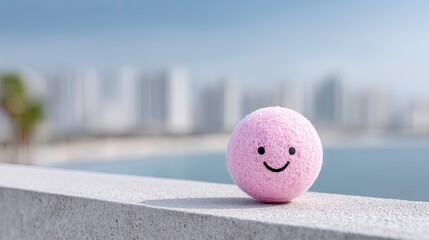 Pink Emoticon Ball Smiling on Balcony with Ocean and Cityscape View