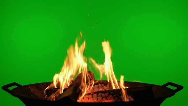 Campfire with bright flames burning in a metal fire pit against a vibrant green screen background. Chroma key element.