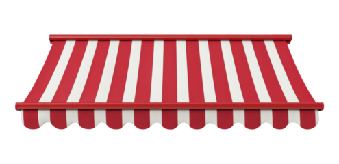 Red and white striped awning or canopy with curved design, isolated on transparent background