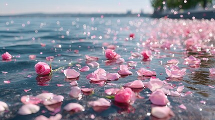 Pink Flower Petals Floating on Rippled Water Surface with Glistening Reflections and Cityscape Background Under Bright Daylight