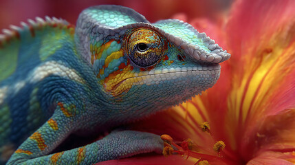 Obraz premium A close-up shot of a chameleon as it adjusts its color to match the bright patterns of a tropical flower (1)