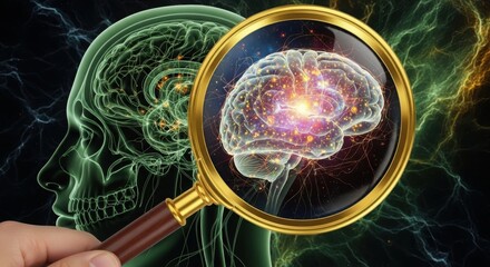 Brain research with magnifying glass showing brain activity