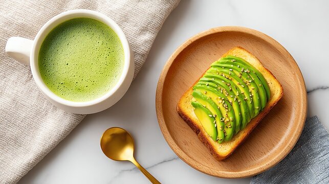 Plant-Based Wellness Meal - Avocado Toast with Matcha Latte on Marble Table – Healthy Breakfast Concept for Nutrition - Powered by Adobe
