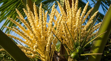 Fototapeta premium Closeup of a coconut palm trees inflorescence, showcasing delicate yellow flowers and developing green coconuts against a backdrop of lush green fronds and blue sky