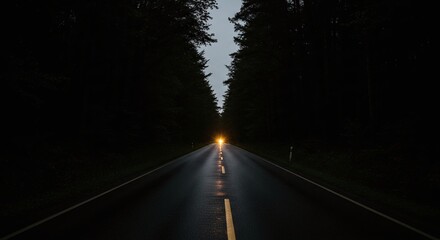 Driving on a Wet Road at Night Through a Dark Forest with Headlights Shining Brightly