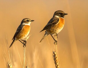 Two birds perched on golden stalks, a serene rural scene