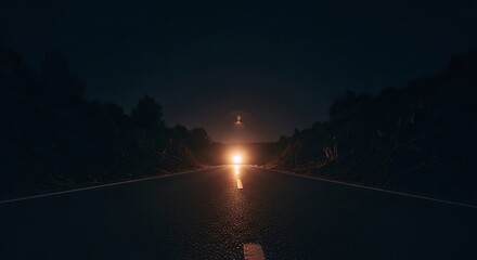 Driving on an empty asphalt road at night, illuminated by the headlights of an oncoming vehicle