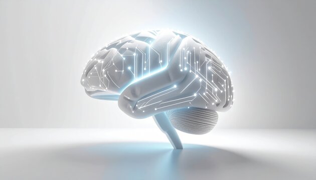 Abstract Render Of The Human Brain On Light Background With Circuitry And Glowing Effect