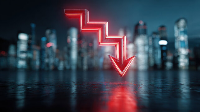 Neon glowing red arrow pointing downward with zigzag shape over blurred cityscape background, symbolizing decline or decrease in futuristic urban setting