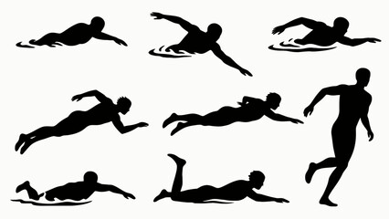 Silhouettes of swimmers' body movements, a collection of vector illustrations