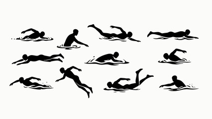 Silhouettes of swimmers' body movements, a collection of vector illustrations