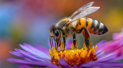 Macro shots of a honey bee landing on a colourful daisy (2)