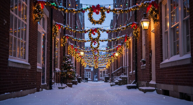 A charming winter scene of a snowcovered alleyway adorned with festive christmas decorations and twinkling lights creating a magical atmosphere