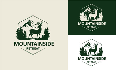 vintage logo of a deer standing against a mountain background