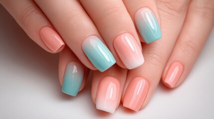 Close-up of perfectly manicured nails with pastel pink and blue gel polish on well-groomed hands showing detailed nail art and glossy finish