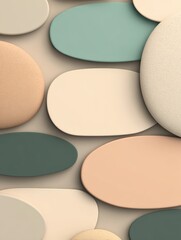 Collection of smooth oval and round stones with pastel colors and textured surfaces arranged in a pattern on neutral background