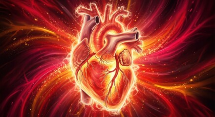 Anatomical heart with glowing fiery energy illustration