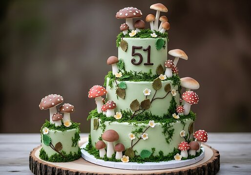 Whimsical three-tiered 51st birthday cake decorated with edible mushrooms, green moss, and flowers, presented on a rustic wooden log slice.